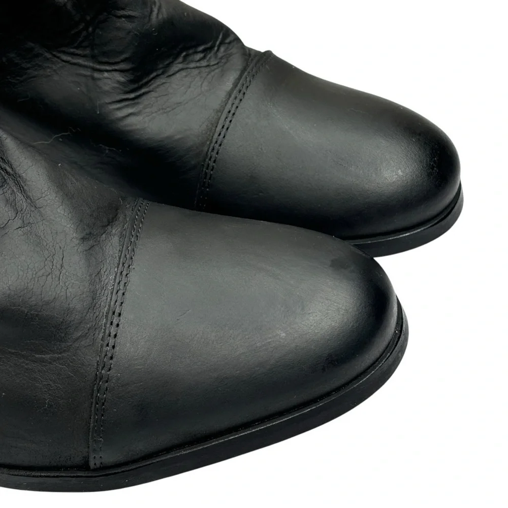 New Black Leather Ankle Boots Side Zipper Ruching 2” Block Heel Size 41 US Sz 10